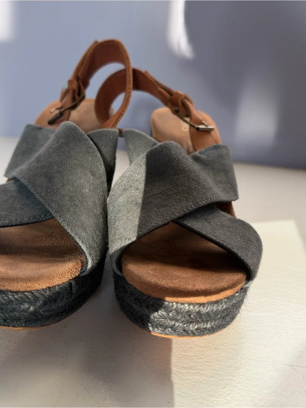 Toms navy and chestnut Woven Espadrille Platform Sandal with Brown Ankle Strap